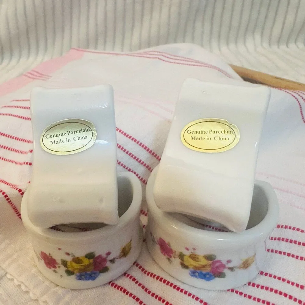 Vintage Porcelain Napkin Rings Hand Painted Floral Design Set of 4